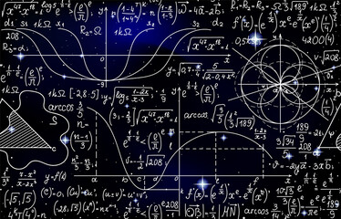 Math vector seamless pattern with formulas, figures and calculations handwritten on starry space background	
