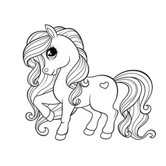 Cute little pony. Black and white illustration for coloring book