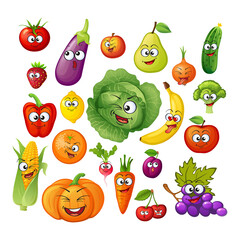 Cartoon fruit and vegetable characters. Fruit and vegetable emoticons. Vegan food
