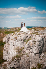 Fototapeta na wymiar Newlyweds hug on the background of rocks and a beautiful landscape