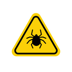 Tick warning sign. Yellow triangle with black mite silhouette in line frame. Vector isolated on white. - obrazy, fototapety, plakaty