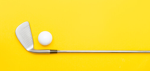 White golf ball and stick on yellow background. Horizontal sport poster, greeting cards, headers,...