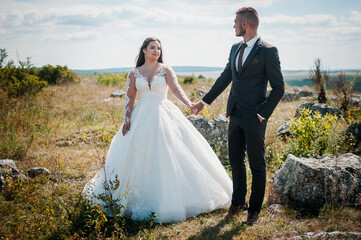 Newlyweds hug on the background of rocks and a beautiful landscape