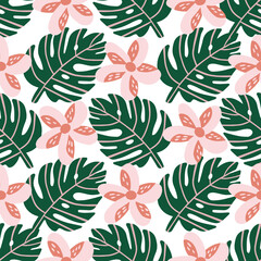 Geometric Tropical Plumeria and Monstera Leaves Seamless Pattern Background