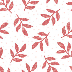 Pink Polka Dot Tossed Leaves Seamless Pattern Background Print