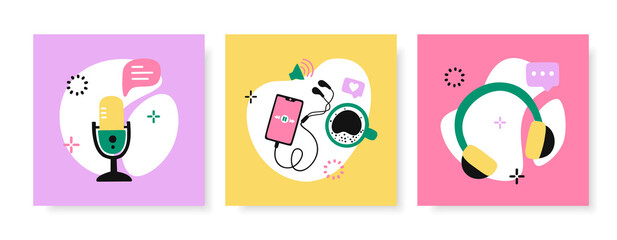 Fototapeta premium Podcast covers collection. Microphone, headphones, smartphone and coffee cup. Vector set of bright designs for social media posts.