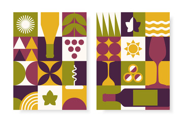 Abstract wine posters set in geometric style. Vector design template for wine tasting invitation, festival flyers, branding, etc.