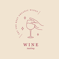 Minimalist line design of wine glass in a hand. Vector wine bar emblem. - 443891668