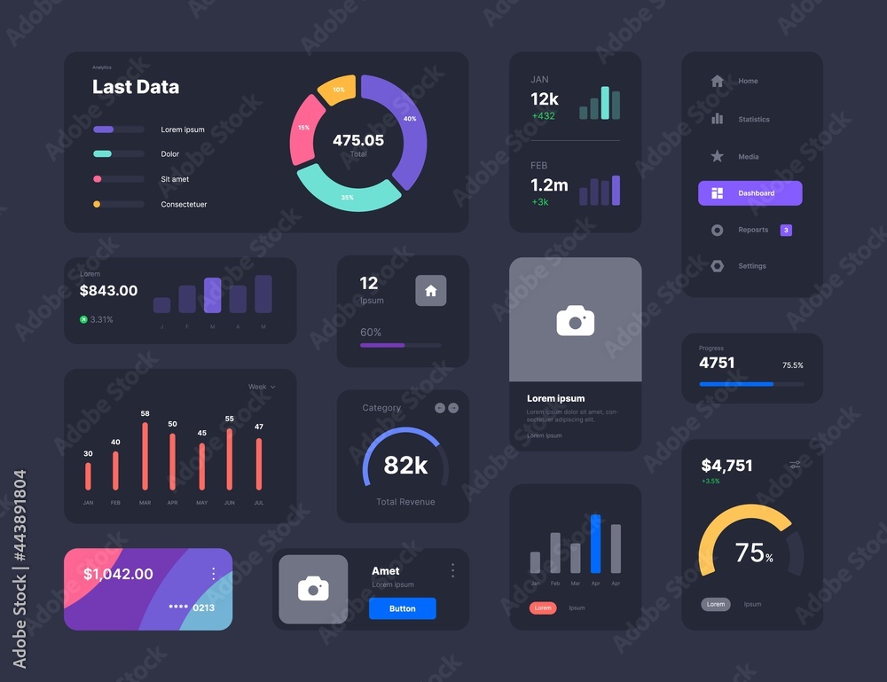 Fototapete UI elements for Dashboard Design in dark colors. Use design for web application, desktop app interface or website.