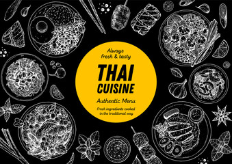 Thai food top view vector illustration. Food menu design template. Hand drawn sketch. Thai food menu. Vintage style