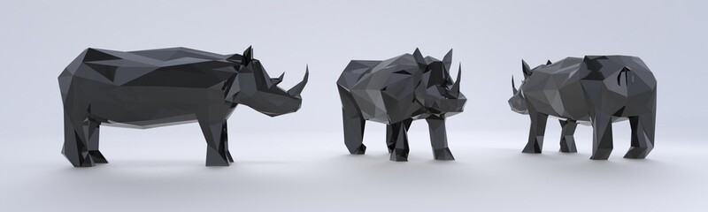 3d-three lowpoly rhinos in black