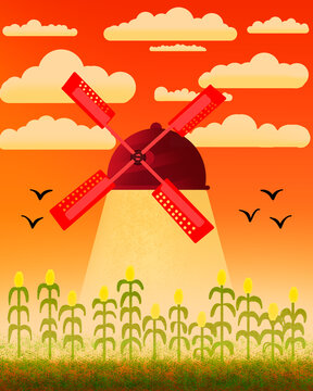 Um cen&aacute;rio caloroso come espigas de milho alguns corvos e um moinho. 