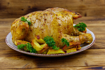 Baked whole chicken with potato on a wooden table