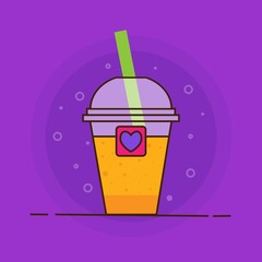 illustration of a glass of soda vector icon plastic cup with purple background and straw