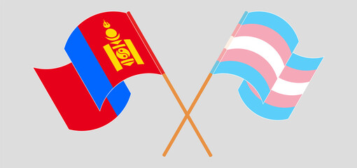 Crossed and waving flags of Mongolia and Transgender Pride