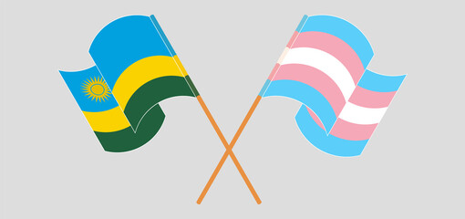 Crossed and waving flags of Rwanda and Transgender Pride