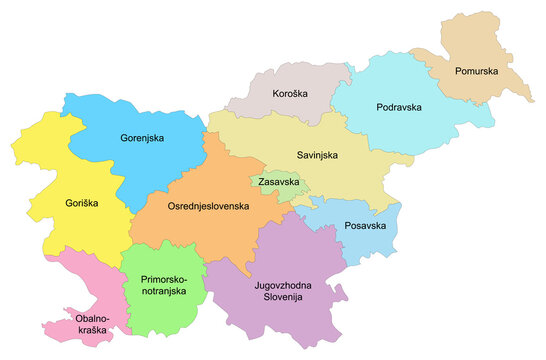 Carte de la Slov&eacute;nie avec repr&eacute;sentation des r&eacute;gions statistiques - Libell&eacute;s des zones administratives en slov&egrave;ne - Textes vectoris&eacute;s et non vectoris&eacute;s sur calques s&eacute;par&eacute;s