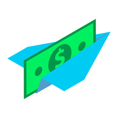 Isometric paper airplane with dollar. A paper airplane with a banknote is a symbol of electronic transactions. 