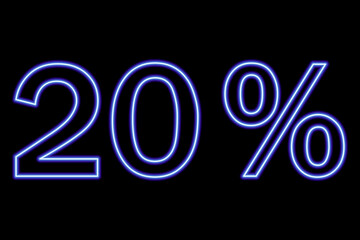 20 percent inscription on a black background. Blue line in neon style.