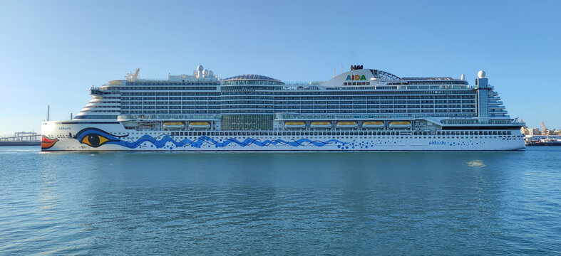 Cadiz, Spain - July 06th, 2021: The Cruise Ship Aida Perla in its first berth in the Port of Cadiz, after the Covid-19 pandemic