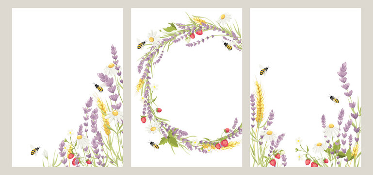 Birthday or Wedding invitation cards. Vector design element, wreaths of lavender, chamomile, wheat ears, strawberry and bee, medicinal herbs, calligraphy lettering.	