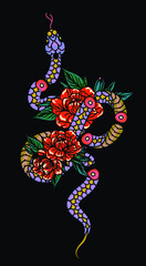 cosmic magic Snake. Snake and wildflowers. Halloween and boho Floral design. Botanical elements. Rustic decorative plants. Black silhouette snake. Minimal snakes for logo, tattoo