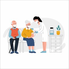 Vaccination of the elderly against coronavirus. Vector illustration of an elderly woman vaccinated by a doctor and a queue of old man waiting. Isolated on background