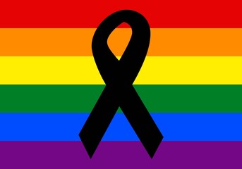 Lazo negro sobre la bandera LGTBI. Lazo negro por la víctimas de la violencia hacia el colectivo LGTBI