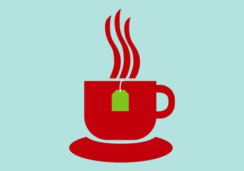 Taza roja de infusión caliente con bolsita de infusión colgando. Bebida caliente. Desayuno