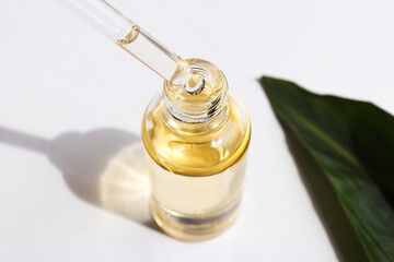 Bottle of cosmetic essential oil and green leaf. Serum oil is dripping from dropper. Close-up....
