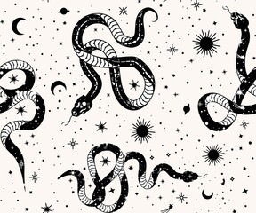 seamless Patterns Alchemy esoteric mystical magic heavenly talisman with snake, sun, stars sacred geometry isolated. The object of spiritual occultism.