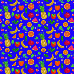 Pattern of pineapples, bananas, watermelon, pomegranate, cherry and persimmon