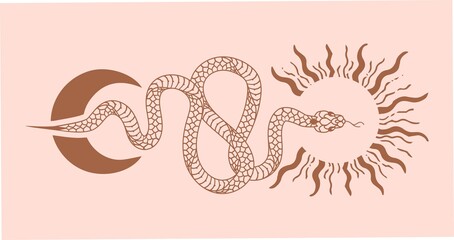 Vector poster set of mystical magic objects- snake, moon and sun, line art. Spiritual occultism objects.
