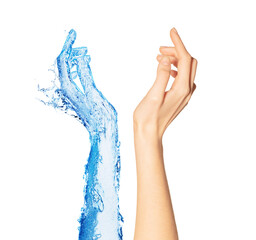 Two hands liquid water and real woman's concept