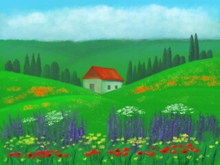 A picture with a beautiful village house in a field with flowers and trees for printing or decoration