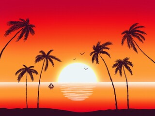 Beautiful sunset on the ocean with palm trees, boat and birds