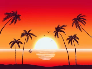 Fototapeten Rot Schöner Sonnenuntergang am Meer mit Palmen, Boot und Vögeln  © Mary Shine