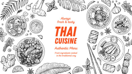 Thai food top view vector illustration. Food menu design template. Hand drawn sketch. Thai food menu. Vintage style.
