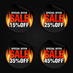 Special offer, sale black stickers set with flame fire 15%, 25%, 35%, 45% off. Vector illustration