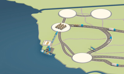 mockup point on the coast map with unloading ship and trucks on the roads