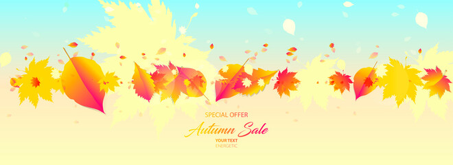 Obraz premium Stock vector simple minimalistic autumn background orange yellow. Stylish leaves scattered around the background, use for design text or social media