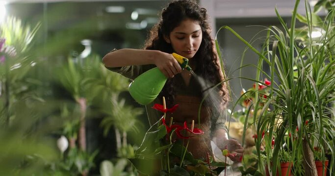 Young adult asian girl working at flower shop, taking care of plants, spraying water on them - small business people concept 4k footage