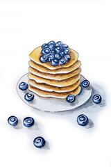 pancakes with blueberries on a white saucer white background