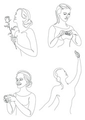 Collection. The life of a woman. Silhouettes of a lady with a cup, flower, knitting, phone in modern single line style. Solid line, contour for posters, stickers, logo. Vector illustration set.