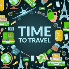Travel vector template design with text and travel elements in colorful background. Vector illustration. Tourism banner