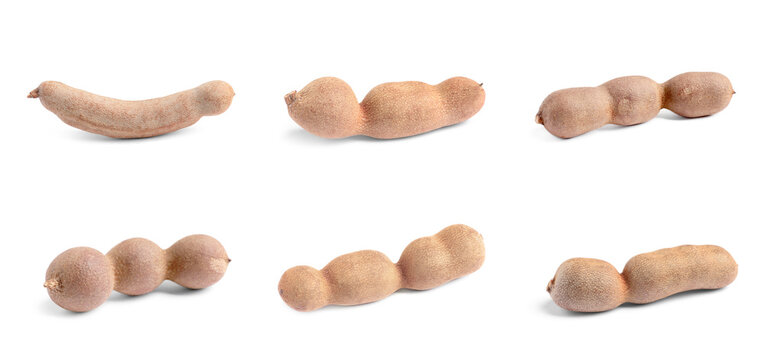 Set with delicious ripe tamarinds on white background, banner design. Exotic fruit