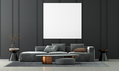 Modern living room interior and sofa and black empty wall texture background and canvas frame

