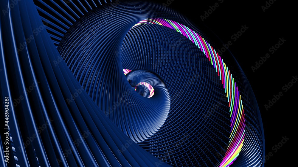 Poster 3d render. abstract dark background with curved lines like tubes twisted in helix and multicolor neo