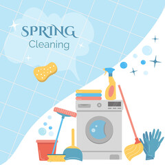 Banner with supplies for spring cleaning on background of blue tile