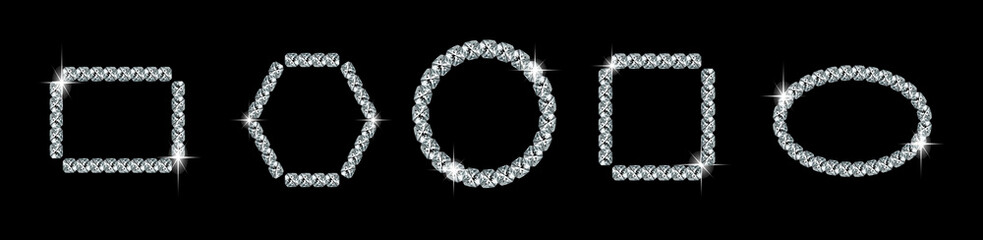 Frames and borders from silver chains isolated on black background.